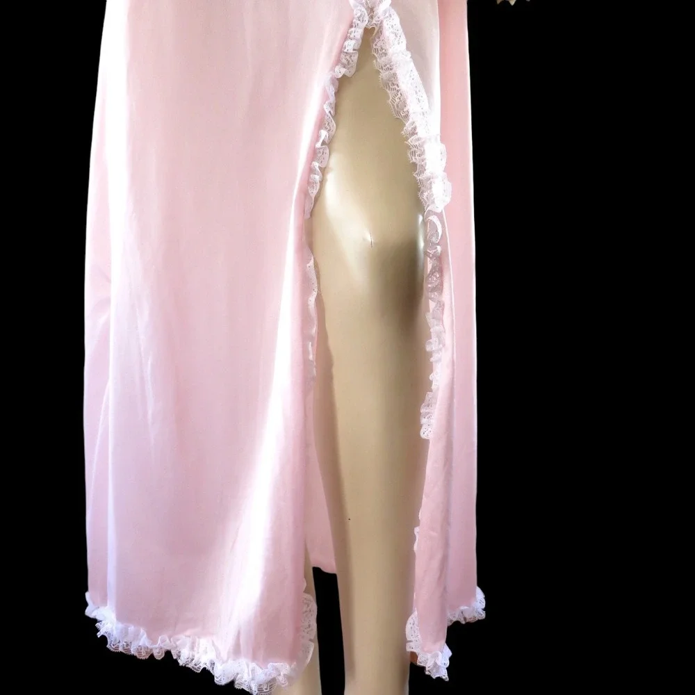 Vintage 80s Ruffled Lace Nightgown Large Maxi Nylon Gown‎ Peach Pink Sleepwear